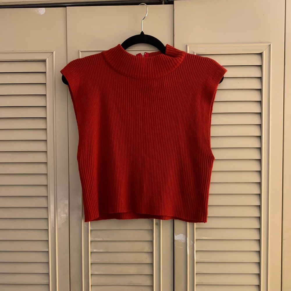 Vintage Red Sleeveless Knit Crop Top- High Neck Ribbed Top